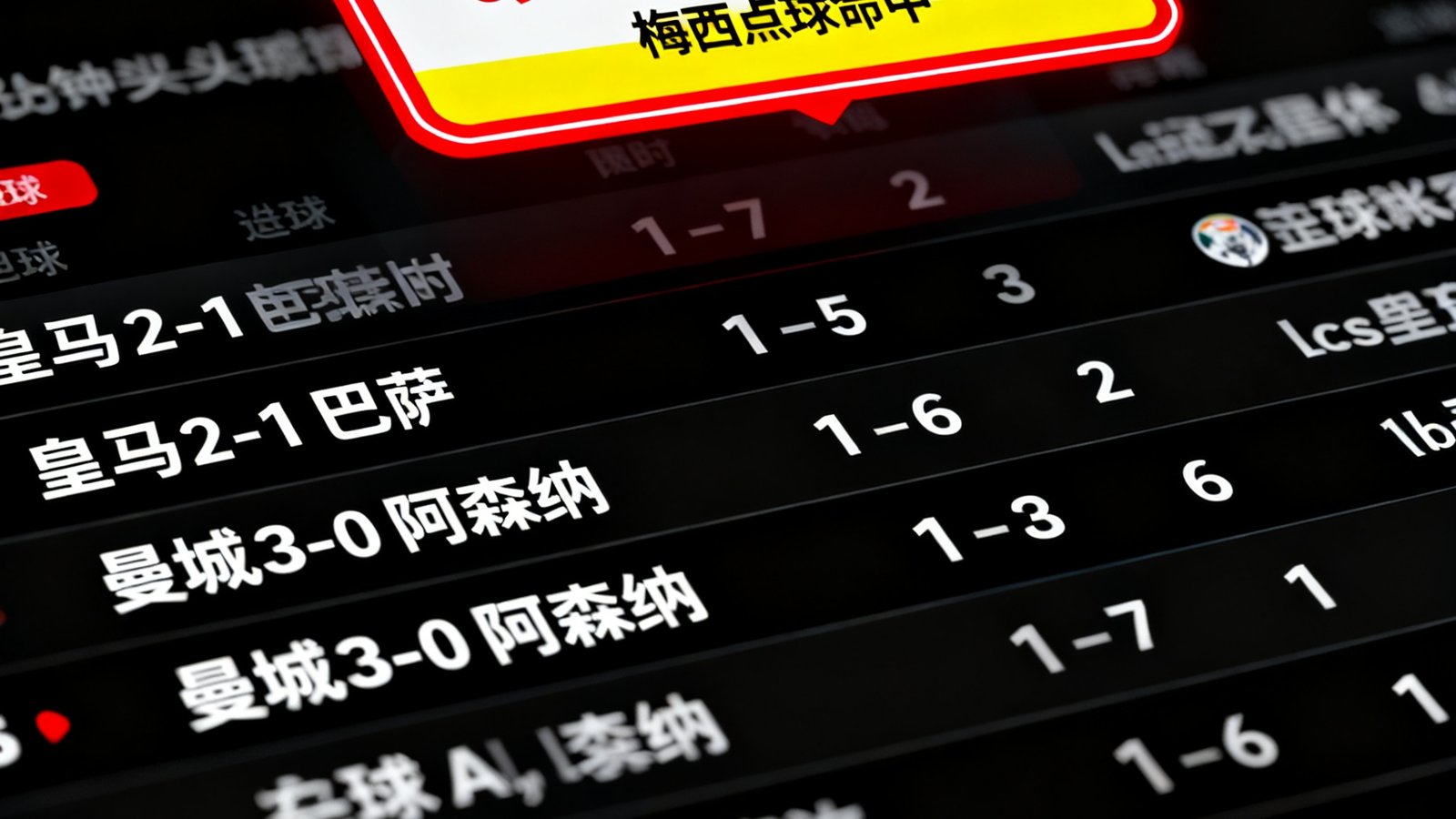搜球吧闪电比分模块展示，滚动更新多场比分，进球时有醒目弹窗提醒